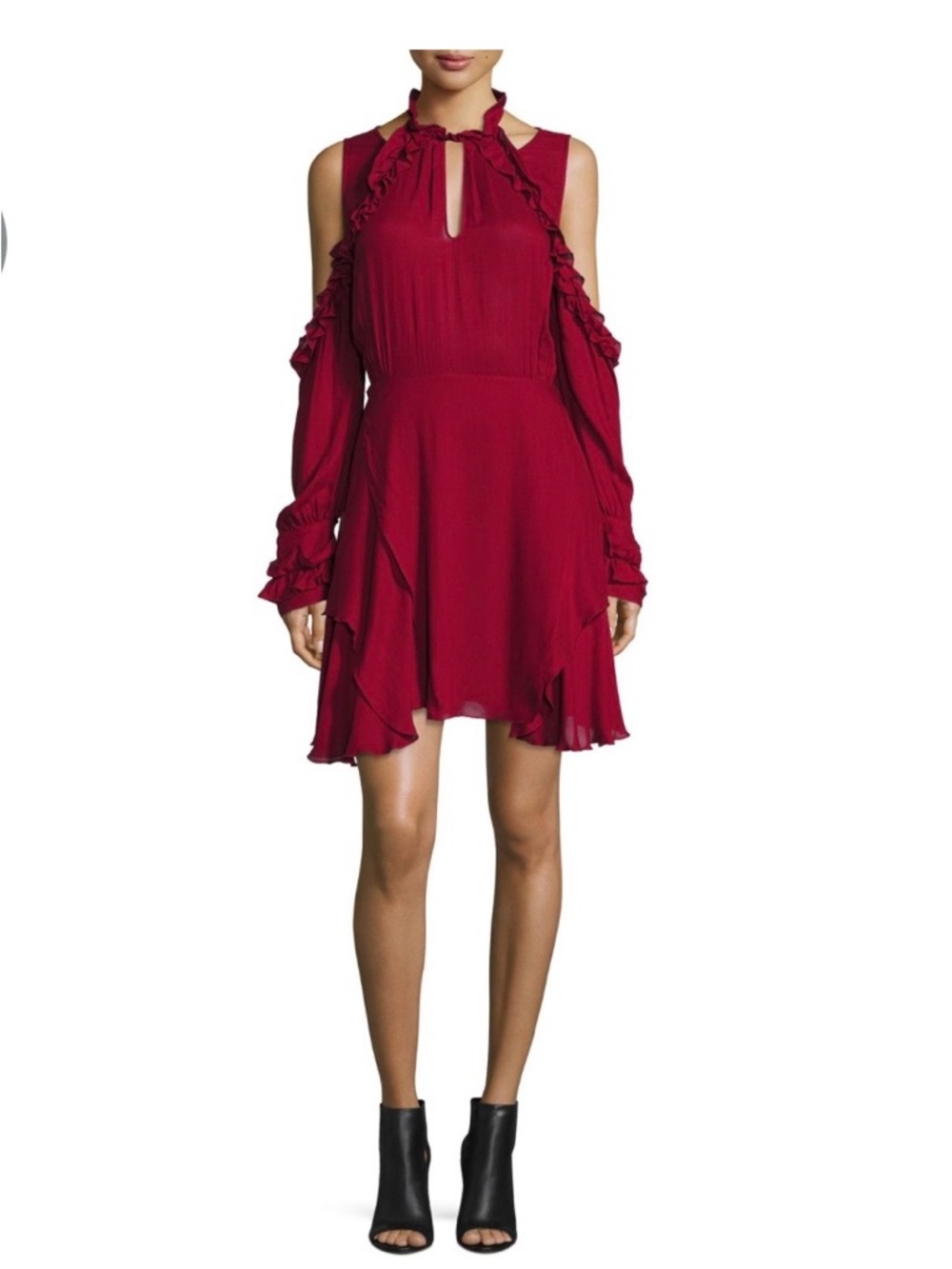 IRO Burgundy Cold-Shoulder Ruffle Mini Dress - Picture 9 of 12